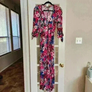 Zara Pink Floral V Neck Knot Sleeve Lightweight Flowy Colorful Maxi Dress Small